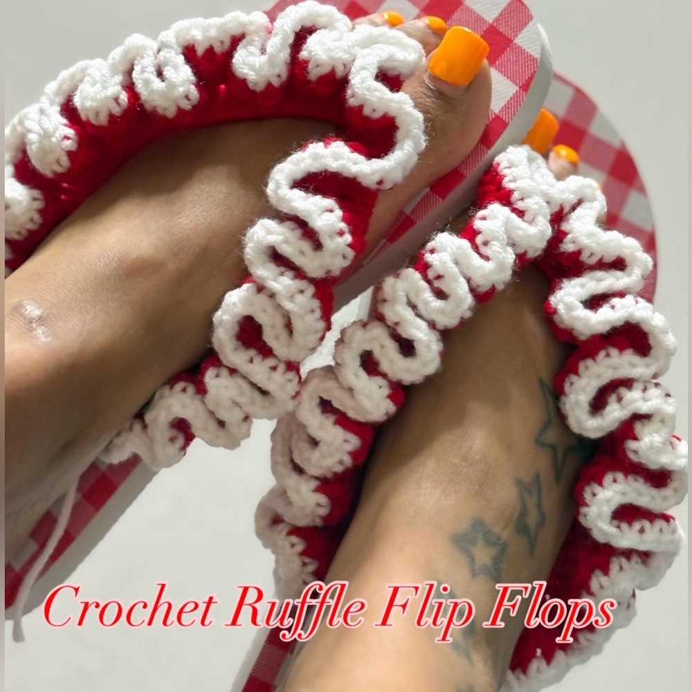 Red and White Crochet Flip Flops Ruffled Straps - Picture 3 of 10